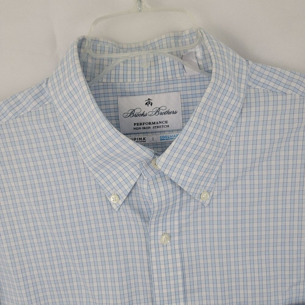 BROOKS BROTHERS Mens Dress Shirt Sz 17.5 37 Regent Fit Supima BLUE Check STAINS